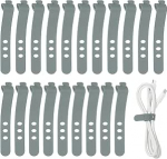 hankekaart Silikon-Kabelbinder, 3 L&ouml;cher, wiederverwendbar, Gummikordel mit Verschlussschnalle, Mehrzweck-Kabelriemen f&uuml;r Zuhause, B&uuml;ro, Reisen, Dunkelgrau, 20 St&uuml;ck