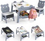FANTASK Kindertisch mit 2 B&auml;renst&uuml;hlen, 5-in-1 Maltisch mit Wendetafel & Whiteboard, Kindersitzgruppe mit Stauraum, 4 Haken & Stoffbeh&auml;ltern f&uuml;r Kinder von 3-10 Jahren, 70 x 60,5 x 50 cm (Grau)