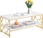 Xisilla Golden Metal Frame Coffee Table Rectangular Coffee Table Marble Look with Double Levels Simple and Stylish Living Room Table White