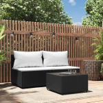 Garten-Mittelsofas mit Kissen 3 STK. Schwarz aus PE-Rattan, Outdoor-Sofa mit Polsterkissen f&uuml;r die Terrasse, Gartenm&ouml;bel aus Poly Rattan mit Stahlrahmen