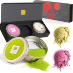 Tee Uniqo Matcha pulbrikomplekt roosa, vanilje ja puhta Matchaga, tee kinkekomplekt draakonipulbri ja Matcha Latte pulbriga