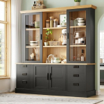 K&uuml;chenschrank, schwarz, mit 6 Schubladen, Glast&uuml;ren, Kippschutz, Metallschienen, 140 &times; 185 cm, Aufbewahrungsm&ouml;bel f&uuml;r K&uuml;che und Esszimmer