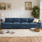 DUANDUAN 324 cm modulaarne diivan suure hoiuruumiga, kaasaegne, mugav &scaron;enill 4-kohaline diivan elutuppa, kontorisse, korterisse, laiad k&auml;etoed, k&uuml;ljetaskud, USB port, eemaldatav kate (sinine)