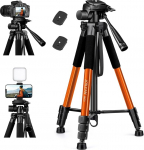 JOILCAN kaamerastatiiv DSLR, kerge statiiv koos kandekotiga, 165 cm mobiiltelefonistatiiv kingahoidjaga, mobiiltelefonihoidja iPhone'ile, kaamera reisistatiiv 3-suunalise peaga, statiivid nutitelefonile, oranžikas