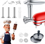 Lihaveski lisa, &uuml;hildub Kitchen Aid Stand Mixeriga, sisaldab veskiplaate, veski nuga, vorstitorusid, burgeripressid koduseks kasutamiseks, roostevaba teras