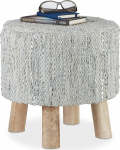 Relaxdays Round Footstool Upholstered, Vintage Ottoman Chair with Leather Padding, 4 Wooden Legs, Modern Pouffe, Grey