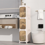 KHNR kitsas vannitoakapp 3 tasandiga ja ratastega, 20 x 33 x 97 cm, kokkupandav, magnetiline uks, veekindel ja hallituskindel, PP plastist riiulid riiulitega, kreemvalge l&auml;bipaistevaga