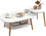 Moderner runder / ovaler Couchtisch mit Ablageregal - Elegantes Holz f&uuml;r Wohnungen - Kompaktes Design mit integrierten Ablagen - Stilvolles nat&uuml;rliches Finish