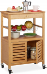 Relaxdays Bamboo Kitchen Trolley, Worktop, Cupboard Compartment & Basket, Serving Trolley with Wheels, H x D: 82 x 59.5 x 35 cm, Natural