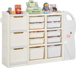 VEVOR Toy Storage Bookcase Toy Rack Elephant Shape 4-Tier Multifunctional Shelf with 10 Flexible Plastic Containers for Bedroom Classroom (Grey + Beige)