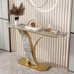 Generisch Modern Gold Iron Console Table with Stone Effect Table Top Leaf Legs Narrow Diivan Side Table for Entryway Hallway Living Room (80cm/31.4)