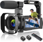 CAMKORY videokaamera 4K 48MP videokaamera WiFi, Vlogimise kaamera YouTube jaoks 16X Digitalzoom, 3.0-tolline IPS puuteekraan, IR &ouml;&ouml;n&auml;gemine, koos mikrofoniga, akulaadija ja 2 akuga, k&auml;estabilisaatoriga.