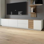 Forte Lewisville TV kapp 240, Minimal Lowboard, elutuba, 3 ust, 2 sahtlit, puidukomposiit, salahall, Valenica tammepuidust dekoor, 239,4 cm lai x 50,4 cm k&otilde;rge x 41 cm s&uuml;gav