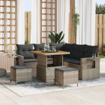9-teiliges Gartenm&ouml;bel-Set aus Akazienholz und grauem Poly-Rattan als modulare Outdoor-Sofagarnitur mit Kissen