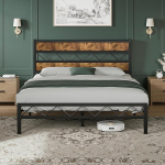 VECELO Doppelbettgestell mit Kopfteil aus Holz, 135 x 190 cm, Metallplattform, robuste Metalllattenst&uuml;tze, Matratzenboden, kein Boxspringbett, kein L&auml;rm, einfache Montage, Retrobraun