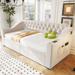 MURUL Polsterbett-Schlafsofa 90x190cm, beež Samt, mit Breiten Armlehnen, USB-Anschluss, Ablage, Taschen & Aufbewahrungsschublade