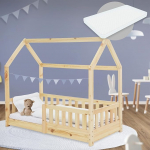 ML-Design Lastevoodi 70 x 140 cm Natural koos madratsiga, kukkumiskaitsega, katuse ja lamelliraamiga, t&auml;ispuidust m&auml;nguvoodi, maja voodi t&uuml;drukutele/poistele, voodi maja m&auml;nnipuidust, noorte voodi puidust voodi