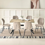 S&ouml;&ouml;gitoa komplekt heledast puidust s&ouml;&ouml;gilaua ja 6 pruuniga tooliga, ristk&uuml;likukujuline s&ouml;&ouml;gilaud 140 x 80 x 76 cm ja 6 ergonoomilise disainiga linast s&ouml;&ouml;gitooli s&ouml;&ouml;gituppa, k&ouml;&ouml;ki, elutuppa.