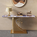 Kaasaegne konsoollaud mikrokristallilise kiviplaadiga, stiilne sissep&auml;&auml;sulaud kuldsete roostevabast terasest jalgadega esikusse ja elutuppa, 150 cm/59 unikaalse disainiga