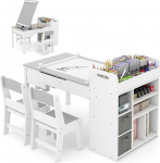 DREAMADE 3-in-1 laste laud koos 2 puidust tooliga, laste maalimislaud kallutatava lauaplaadiga ja 2 riidest kastiga ja paberirulliga, laste istumiskomplekt koos hoiuruumiga lastetoas (hall, 7 kambriga)