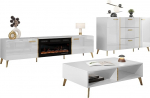 Mirjan24 Picru I elutoa komplekt, lisasein, elutoa kapp, kabinetisein, komplektis: Kapp, TV Lowboard elektrilise kaminaga, kohvilaud (valge/valge k&otilde;rgl&auml;ikega + kuldne)