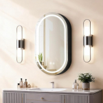 Ovaalne meditsiinikapp koos valgusega, LED-peegelkapp, USB-pesa, sisevalgus, pulberv&auml;rvitud teras, pehmelt sulguv hing, 16 x 28-tolline