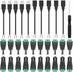 10Paar 12V DC toitepistik 5.5mm x 2.1mm 5A mees ja naine DC toitepistik adapter CCTV kaamera jaoks koos 5tk USB pistikukaabliga, 5tk USB pistikupesa, Phillips kruvikeerajaga