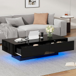 BTM kohvilaud LED-iga, must kohvilaud 2 sahtliga, ristk&uuml;likukujuline k&uuml;ljelaud, moodne stiil, koormus 30 kg, 115 x 55 x 34 cm