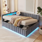 ZYLOYAL10 polsterdatud diivanvoodi 140 x 200 cm, h&uuml;draulilise hoiuruumiga, L-E-D valguse ja USB laadimisportiga, seljatoe, peatoe ja tugeva voodiraamiga, sametkangas (Hall, 140 x 200)