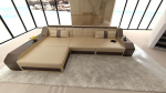Arezzo nahast diivan L-kujuline diivan LED-valgustusega, reguleeritavad peatuged, Chaise Longue / nahav&auml;rvide valik / orientatsioon Ottomani valitav (Ottomani vasakpoolne, liivapunane/tumepruun)