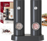 CIRCLE JOY Salt and Pepper Mills Electric Set of 2 Battery Operated Spice Mills with Base, White LED Light and Adjustable Coarseness, Black