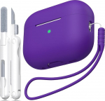 &Uuml;hildub AirPods Pro 2. p&otilde;lvkonna &uuml;mbrisega, kukkumisvastane pehme silikoonist l&ouml;&ouml;giabsorptsioon, mis &uuml;hildub AirPods Pro &uuml;mbrisega Skin Touch koos v&otilde;tmehoidja ja puhastuskomplektiga, lilla