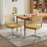 Esszimmerst&uuml;hle 2er Set, Samtkissen Esszimmerst&uuml;hle mit nat&uuml;rlichem Rattangeflecht-R&uuml;cken & Edelstahl-Chromgestell, Polsterst&uuml;hle aus Rattan f&uuml;r die K&uuml;che, Esszimmer