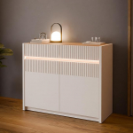 Forte Oak SQUERE Sideboard 100 105, Elegantne 2 ukse, valgustuse ja liistude disainiga k&uuml;ljepaneel, komposiitpuit, Mauvella Oak Wood Decor/Sand, 105,3 cm laius x 85,9 cm k&otilde;rgus x 41,5 cm s&uuml;gavus.