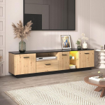 Rtopsu TV kapp 180 cm pikkune, TV Stand Lowboard LED valgusega kuni 80-tollise teleri jaoks, TV Lowboard TV kapp 3 uksega ja hoiuruumi sahtlitega elutuppa, magamistuppa, naturaalne