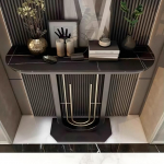 JIHAJU Modernne kitsas konsoollaud paagutatud kiviplaadiga, metallist esikuslaud, esiku aktsent Slim Console diivani taga v&auml;ikestesse linnaruumidesse (Nero,L 100 x B 30 x K 80 cm)