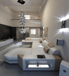 Wohnlandschaft Presto nahast diivan U-kujuline diivan LED-valgustusega, reguleeritavad peatuged, Chaise Longue / nahav&auml;rvide valik / orientatsioon valitav (Ottoman paremal, valge / liivane beež)