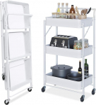 Dripex Metal Rolling Trolley, Foldable Serving Trolley, Kitchen Trolley with Wheels, Kitchen Shelf with 3 Levels, Utility Trolley, No Installation Required, White