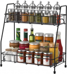 BOKIOVIN 2 Tier Spice Rack, Standing Organiser, Metal Spice Rack, Kitchen Shelf, Standing Worktop, Spice Holder, Storage for Kitchen, Cabinet, Bathroom, Black