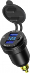 DIN Powerlet Male to Dual Quick Charge 3.0 USB laadimisadapter koos voltmeetri ja l&uuml;litiga mootorratastele Ducati, Triumph, BMW mootorratastele (must)