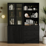 VOWNER 5-korruseline raamaturiiul klaasustega, 180 cm vitriinakapp, k&ouml;&ouml;gikapp, k&otilde;rge kapp, buffetkapp k&ouml;&ouml;ki, elutuppa, s&ouml;&ouml;gituppa, 2 tk (must)