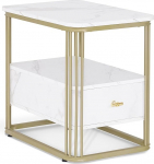 M MCombo Side Table with Drawer, Modern Sofa Table, Marble White Gold, Small Coffee Table, Metal Frame, Bedside Table with 2 Shelves, Coffee Table for Living Room, 60 x 40 x 55, 2138