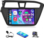 Android 14 autoraadio 4+64G Hyundai i20 2015-2018 jaoks koos Carplay Android autoga, 9-tolline puuteekraaniga Double DIN autostereoraadio Bluetooth FM RDS peeglilink GPS WiFi tagurduskaamera mikrofoniga