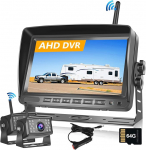 Hodozzy digitaalsed traadita tagurduskaamerad DVR videosalvestus 7-tolline IPS monitor AHD 2 kaamerat 32 GB SD kaardiga, traadita esi-/tagasi vaatekaamera auto veekindel &ouml;ise n&auml;gemise parkimisabi 12V-36V