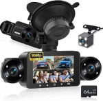 NHOPEEW 4-kanaliline Dash Cam 3-tolline IPS puuteekraan ees ja taga 8 IR &ouml;&ouml;n&auml;gemise tuled, loop salvestamine, 24-tunnine salvestamine, G-sensor, tagurdamisabi + 64G m&auml;lukaart