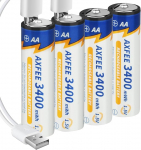 AXFEE laetav liitium AA aku, pakett 4 1,5 V 3400 mWh USB-C AA liitium akut koos 2-in-1 laadimiskaabliga, Li-Ion akud AA, 1H kiirlaadimine, 1500 ts&uuml;klit.