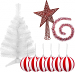 Navidad'i kaunistuste pakk: Abeto White 70 cm koos alusega + 6 Bolas Navidad Rayas Blanca y Roja + Estrella Cresta Roja + Guirnalda Espumill&oacute;n Blanca y Roja