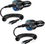 Sigaretis&uuml;&uuml;taja USB C - 2-Pack 65W autolaadija, 4-portiline PD&QC3.0 autolaadija 12V USB adapter koos 1.2M kiire spiraalse C-t&uuml;&uuml;pi kiirlaadijaga iPhone 17 16 15 Pro Max Samsung S25/24 jaoks