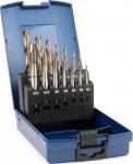GSR HSSE Machine Tap Set Silver 14 Pieces + HSSE Core Hole Spiral Drill Bit DIN 2184-1 (DIN 371/376), Form B, Metric Thread M3-M12, in Sturdy Cassette