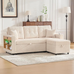 L-kujuline diivan, diivanvoodi, magamisfunktsiooniga diivan, multifunktsionaalne Corduroy diivan hoiuruumiga ja v&auml;ljat&otilde;mmatava voodiga, joogihoidjad, sobib korterisse / k&uuml;lalistetuppa / lounge'i (beež)